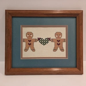 Framed Cross Stitch Completed Gingerbread Man Couple Heart Cottagecore 11.5x9.5" - Picture 1 of 8