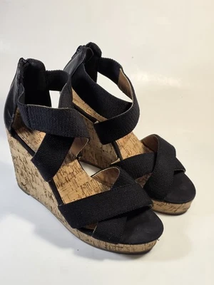 Sandálias femininas de salto plataforma cunha de cortiça com zíper nas costas tecido preto tamanho 8 - Imagem 1 de 4