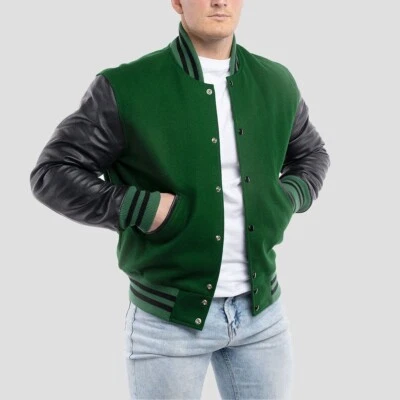 Men's Varsity Jacket - Classic Letterman Style, Wool & Leather, Kelly Green - Image 1 of 4
