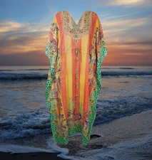 Women Maxi Bohemian Kaftan, Peach Green Georgette Kaftan Beach Wear Style L-2XL