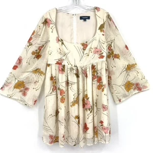 ModCloth Cream Sheer Overlay Floral Babydoll 70’s Style Dress 6 Fall Scoop Neck - Picture 1 of 7
