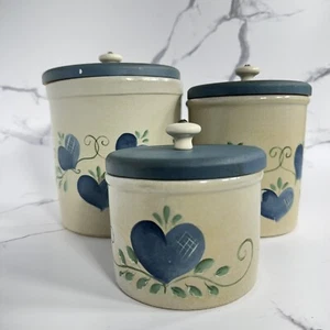 Vintage Robinson Ransbottom Pottery Canister Set of 3 - Blue Hearts 1992 - Picture 1 of 15