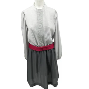 Vintage Jennifer Gee Long Sleeve Lace Pleated Belted Sheath Dress Size 14 Gray - Picture 1 of 15