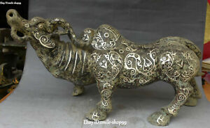 21" Bronze Ware Silver Flower Pattern Cattle Ox Cow Bull Zodiac Year Statue