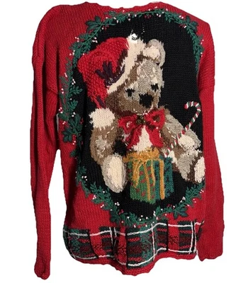 Suéter de Navidad Cottage Mujer Talla S Retro Rojo Tejido a Mano Oso de Peluche Fiesta Fea Foto 1 de 4