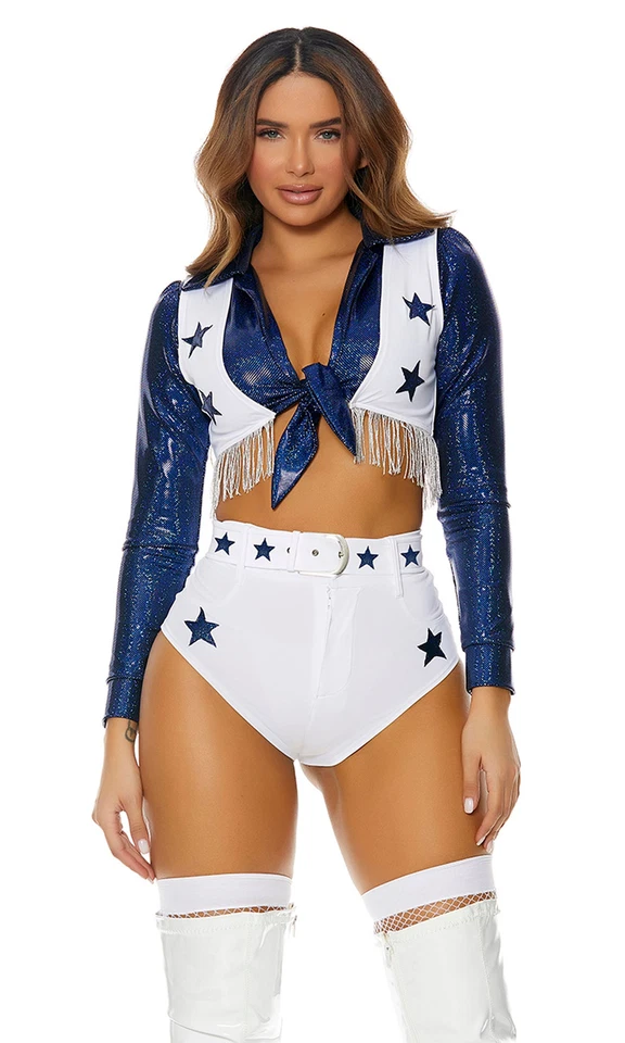 Forplay Women's Star Cheerleader Costume 4-Piece Halloween Outfit with Top Ve...