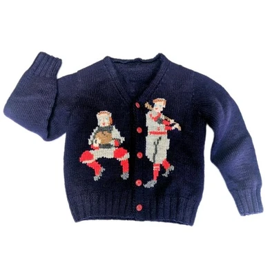 Cardigã de beisebol vintage infantil tricotado à mão lã suéter esportes softbol década de 1960  - Imagem 1 de 4