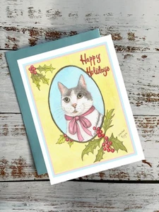 Happy Holidays, cute black and gray cat, Christmas card, notecard #1036 - Picture 1 of 2