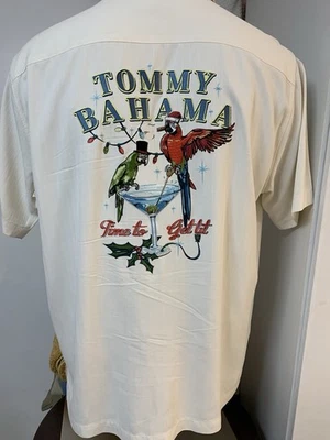 TOMMY BAHAMA Large Merry Christmas Parrots Print Hawaiian Shirt EUC - Image 1 of 4