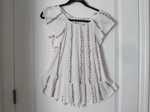 Top LOFT Boho Manga Acampanada Volantes Dobladillo Viscosa Marfil Floral Rayas Calce Suelto - Imagen 1 de 11