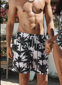 Men’s Swim Trunks Black & White Tropical Palm Tree Size Medium - Picture 1 of 5
