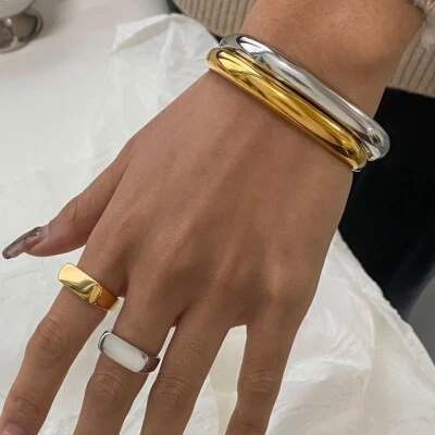 Brazalete Brazalete Cuadrado Geometría Grueso 8.5mm Chapado en Oro 18K 2 Colores Mujer Foto 1 de 4