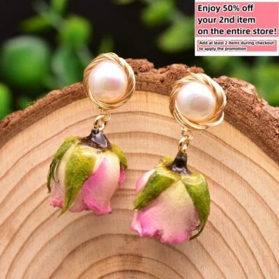 Natural Freshwater Pearl Earrings W/ Real Flowers Boho Baroque Drop 925 Silver - Image 1 of 4