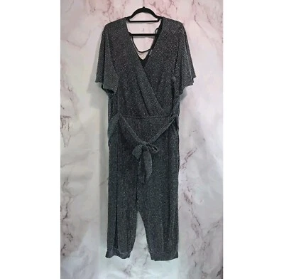 Mono Torrid para mujer 3 3X negro plateado pierna ancha lazo trasero corto jogger cuello en V Foto 1 de 4