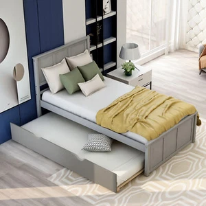 Platform Bed with Twin Size Trundle, Twin Size Frame, Gray - Picture 1 of 11