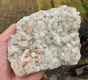 XL APOPHYLLITE POINTS STILBITE DRUZY CLUSTER ZEOLITE 55mm x 42mm 614grms ID CARD - Foto 1 di 6