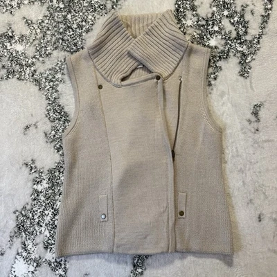 Ann Taylor Loft Sweater Womens Size M Taupe Moto Vest Mock Neck Zipper Button - Image 1 of 4