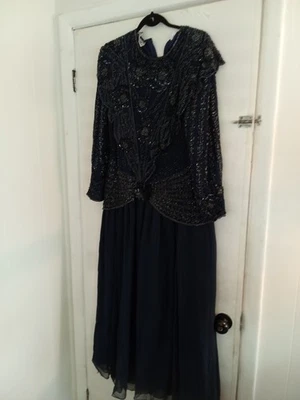 Новый из старых запасов винтажный Klass синий бисером шелк платье XL, официальный бисером платье - Изображение 1 из 4