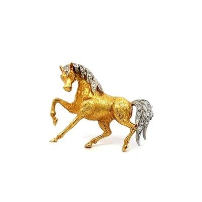 Broche prendedor caballo rampante oro dos tonos 18K diamante 0,09 quilates Foto 1 de 4
