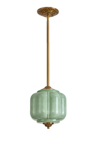 9.8-Inch Vintage Semi Flush Mount Ceiling Light, Green Glass Chandelier with ... - Bild 1 von 8