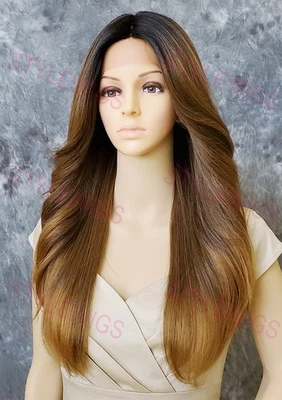 Peluca larga recta marrón oscuro/rubia calor OK encaje frontal mezcla cabello humano EVFL Foto 1 de 4