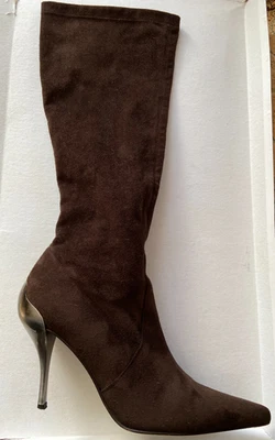 BOTAS CALCETÍN DONALD PLINER VINTAGE EN MARRÓN LOGO METAL TACONES DE AGUJA 7.5 ITALIA Foto 1 de 4