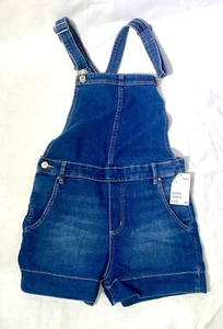 H&M Divided Bib Overall Jean Short Distressed Frayed Cut Offs High Rise SZ 8-NWT - Picture 1 of 3