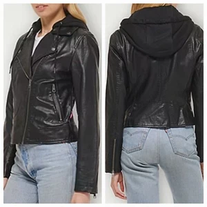 NWT$120 Levi’s Strauss Women Faux Leather Moto Biker Jacket Black Jersey Hood S - Picture 1 of 8