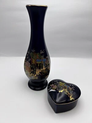 Cobalt Blue Japanese Flower Cart Vase With Heart Shaped Covered Dish - Image 1 of 4