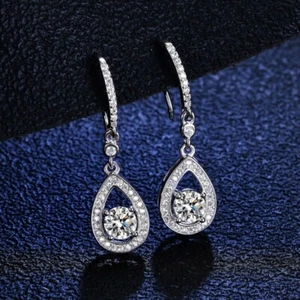 D Color VVS1 Moissanite Drop Earrings 925 Sterling Silver 18k White Gold Plated - Picture 1 of 11