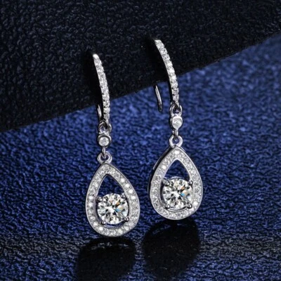 D Color VVS1 Moissanite Drop Earrings 925 Sterling Silver 18k White Gold Plated - Image 1 of 4