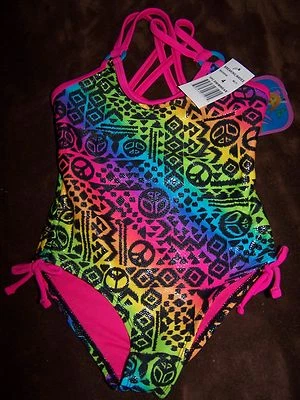 NWT BREAKING WAVES Multi-Colored PEACE HOT PINK SWIM SUIT BATHING SUIT Size 4  - Image 1 of 2