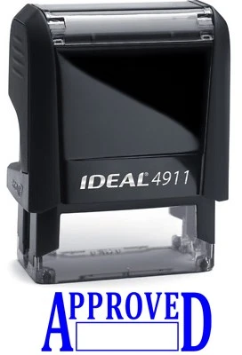 APPROVED text with Date Box on IDEAL 4911 Self-inking Rubber Stamp, BLUE INK - Image 1 of 3