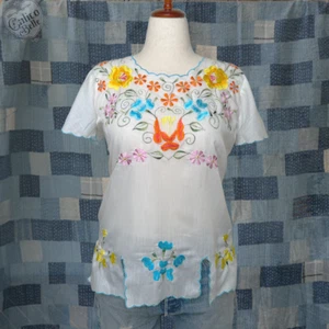 Vintage 70s Amalin Mexican Floral Embroidery Boho Hippie Peasant Blouse Size M - Picture 1 of 8