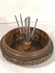 Vintage Ellwood Handmade Rusticware Wood Bark Nut Bowl w Nutcracker & Picks USA - Picture 1 of 12