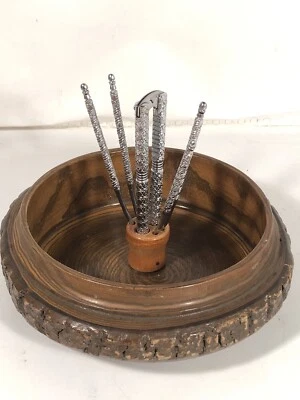 Vintage Ellwood Handmade Rusticware Wood Bark Nut Bowl w Nutcracker & Picks USA - Image 1 of 4