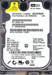 WD10TMVW-11ZSMS4 dcm: HHMTJHNN s/n: WXF1A1 MAR/ 2011 1TB USB 3.0 WESTERN DIGITAL - Picture 1 of 5