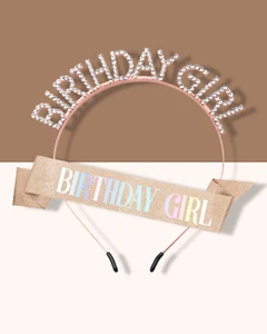 Birthday Crown for Women Rose Gold Sash Tiara Rhinestone Headband Set - Picture 1 of 5