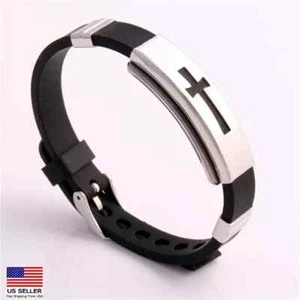 Men Stainless Steel Rubber Bracelet Retro Classic 3D Jesus Cross Style 1792 - Picture 1 of 6