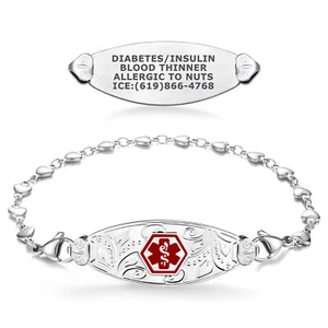 Divoti Custom Engraved Filigree Medical Alert ID Women Bracelets, w/ Heart Link - Foto 1 di 20