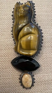 Spilla pendente grande AKR Amy Kahn Russell occhio di tigre gatto argento sterling - Foto 1 di 17