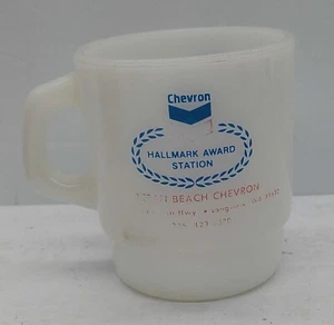 Vintage Ocean Beach WA Chevron Gas Station Milk Glass Coffee Cup Anchor Hocking - Picture 1 of 4