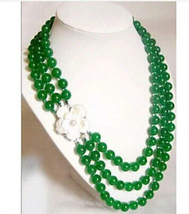 3Rows 8mm Natural Green Jade Gems Round Beads Necklace Shell Flower Clasp 17-19' - Picture 1 of 3
