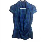 Express Pullover Faux Wrap Top Blue Plaid Cap Sleeves V-neck Stretchy Blouse