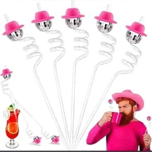 NEW 8 (2x4 PACK) DISCO RODEO SWIZZLE STRAWS PINK COWBOY HATS - Picture 1 of 8