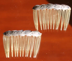 Peines de pelo vintage de plata de México con motivo de hoja ornamentada par artesanal • 2,5" x 1,5 - Imagen 1 de 6