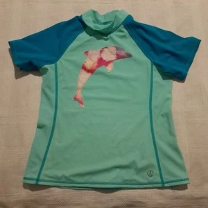 Lands End girls size 14 2 tone teal rashguard with dolphin applique EUC - Picture 1 of 5