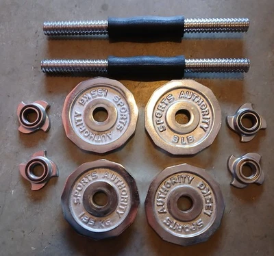Pair of Chrome Sports Authority Dumbbell Handles w/ Collars & 4x 3 Lb Plates - Image 1 of 2