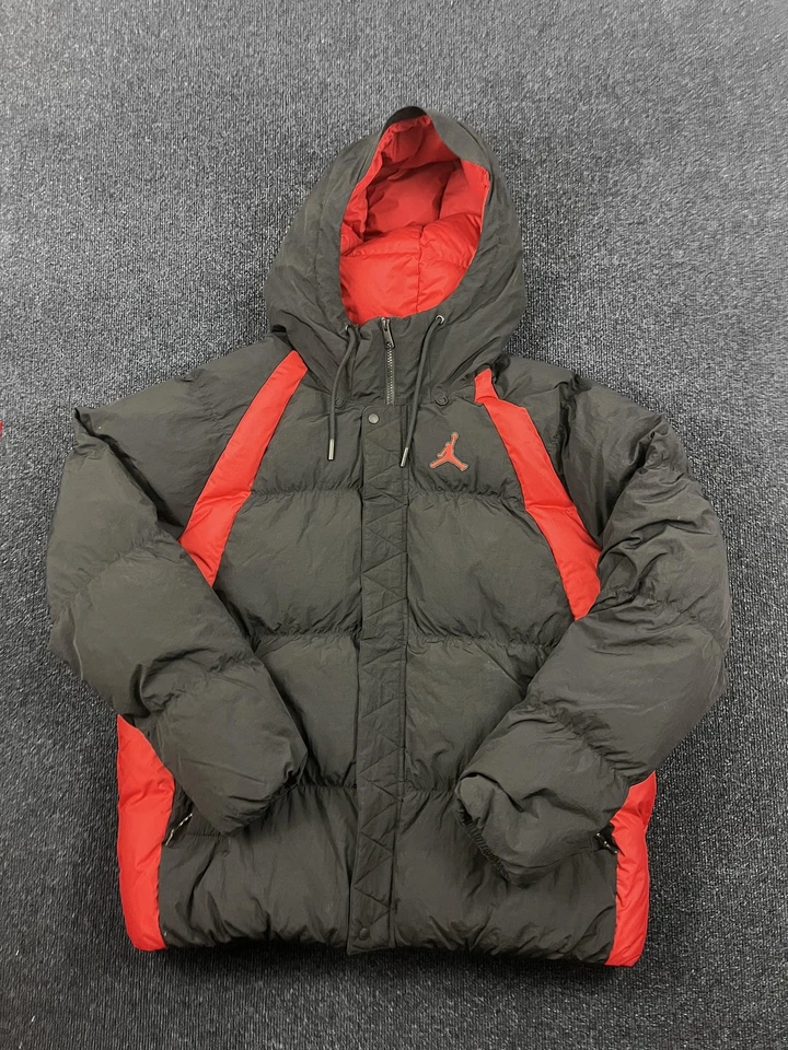 Jordan Jacket Mens Large Black Red Hooded Puffer Loose Fit Insulated Winter - Image 1 of 4
