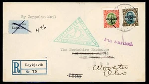Iceland 1931 Graf Zeppelin Registered Flight Cover Sc# C9 & C11 to United States - Picture 1 of 2